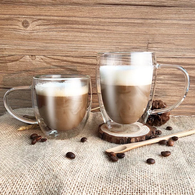 Coffee Mugs - Clear Thermal Double Wall Tumbler Insulated Glass - 2 Cups, 6oz Size Borosilicate Glass Transparent Art Decor