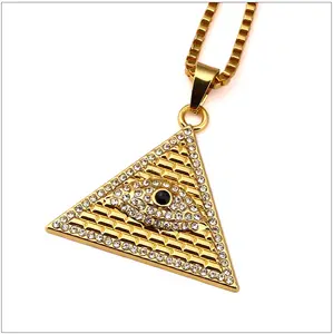 Iluminati Mata Emas Piramida Mesir, Perhiasan Kalung Liontin Pria/Wanita dengan Rantai 23.6 Inci