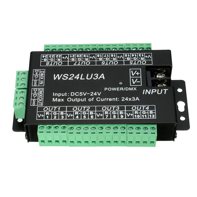 WS24LU3A 24CH DMX512 DMX Decoder LED Dimmer Controller DC5V-24V 24 Channels 3A LED Decoder Constant Voltage Common Anode