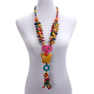 OEM Großhandel Multi Farbe Coconut Shell Stricken Handgemachte Ethnische Anhänger Böhmischen Holz Perlen Schmetterling Halskette für Frauen Schmuck