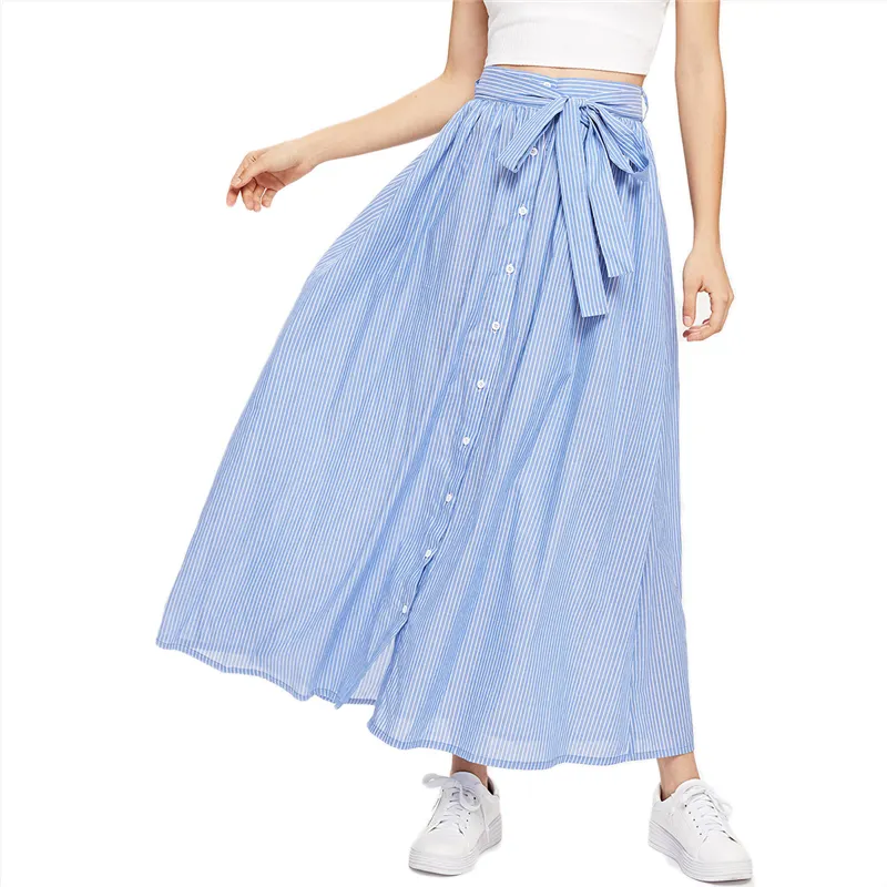 Maxi Pleated Ladies Summer Bow Tie Striped A Line Long Skirts for Women Pictures