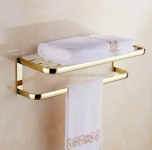 Brass Golden Finished Towel Rack With Shelf Dual Hanger Towel Holder With Towel Bar