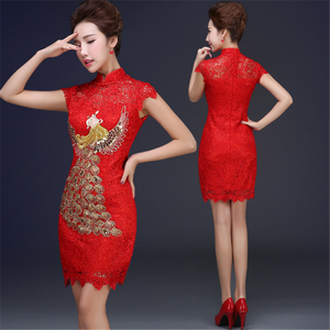 Moda damas chinas elegante fiesta de noche lentejuelas bordado Pavo Real cola de pez boda encaje Cheongsam Qipao vestido - Product Image 2