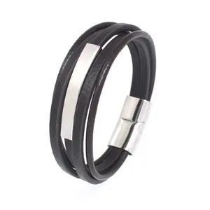 Mannen Sieraden Rvs Magnetische Sluiting Met Lederen Opladen Armband