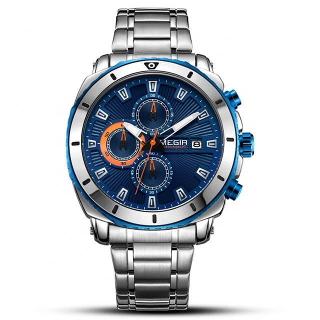 Luxury Stainless Steel Megir 2075 Mens Quartz Sport Chronograph Watch