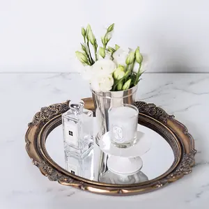 luxury candle chocolate round gold wedding serving trays with handles european resin vanity mirror tray for perfume home decor