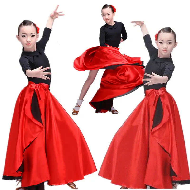 กระโปรงฟลาเมงโกสเปนสีพื้นผ้าซาตินสีแดงสีดำชุดเต้นระบำหน้าท้องสำหรับเด็กผู้หญิงกระโปรงยิปซี360-720องศา