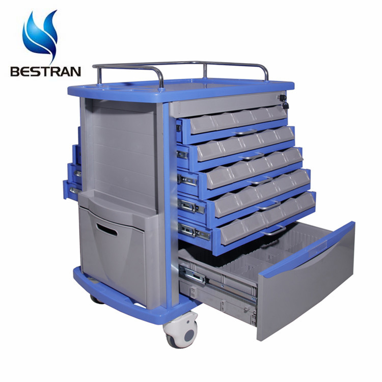 BT-MY002 Cheap medical ABS plastic double sided medicine trolley  mobile drug distribution cart with drawers wheels price