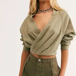 New York Designer Clothing for Women Surpluse V Neck Long Sleeve Linen Crop Top Blouse