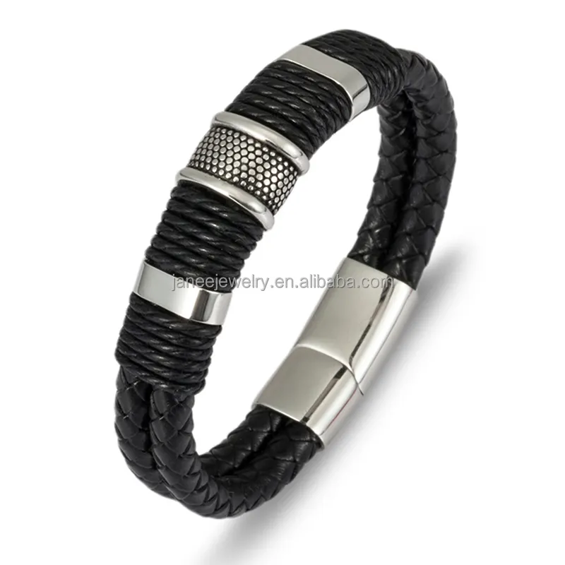 Antique Designer Jewelry Men Stainless Steel Genuine Plain Black Leather Bracelet Wholesale