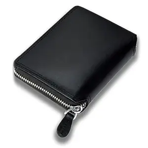 Large Capacity Men RFID Blocking Wallet Genuine Full Grain Black Leather with Zip Around Opening Trifold