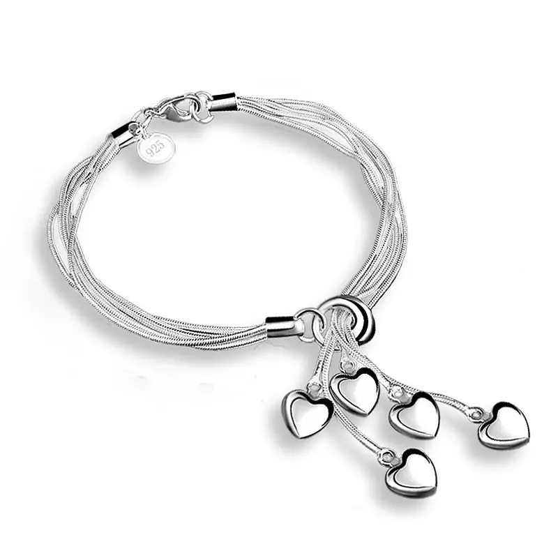 5 ciondoli a forma di cuore 20cm di lunghezza moda donna bracciale in argento con design Multi-linea all'ingrosso