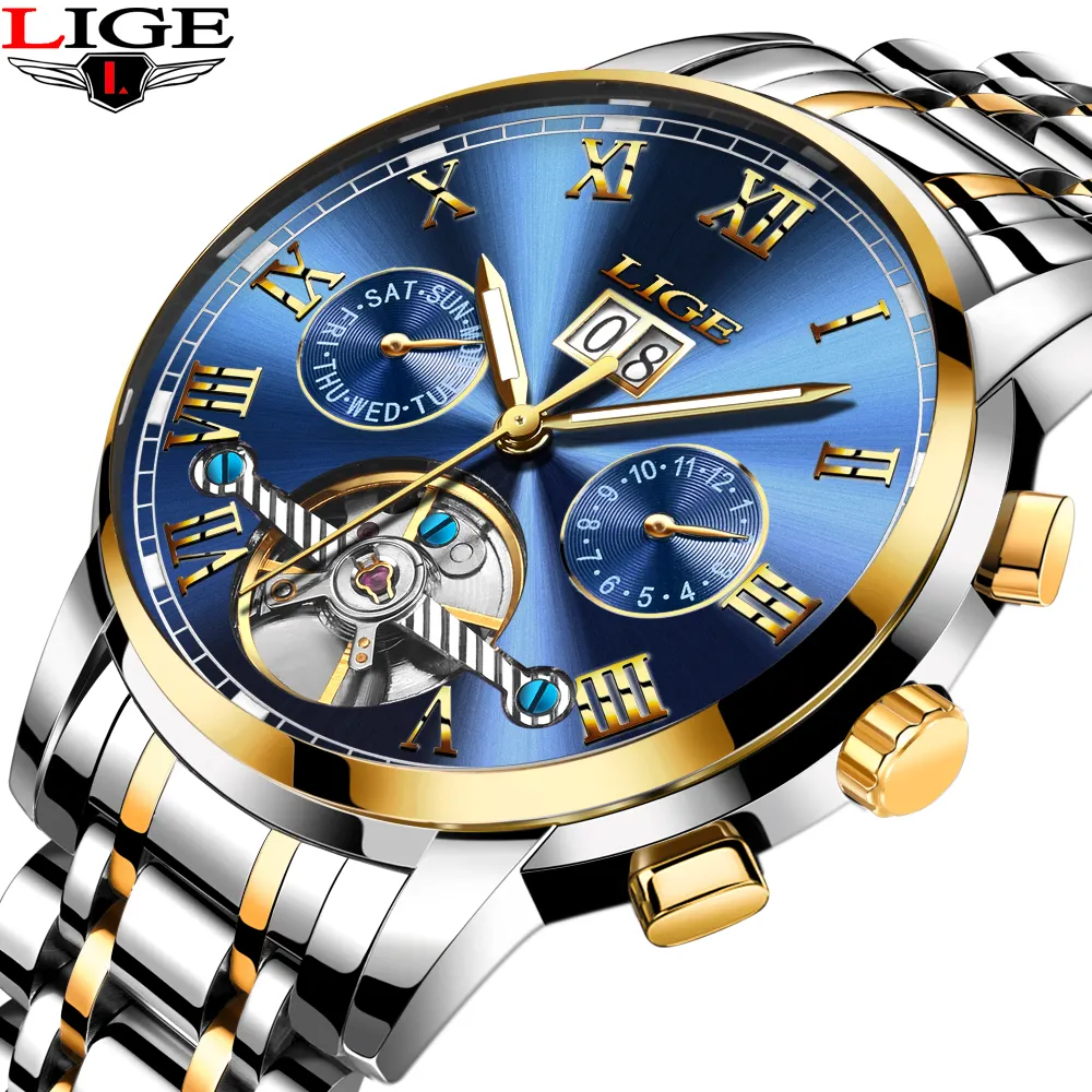 LIGE LG9813A New Mens Watches Top Brand Luxury Fashion Business Automatic Watch Men Full Steel Waterproof Clock Wristwatch