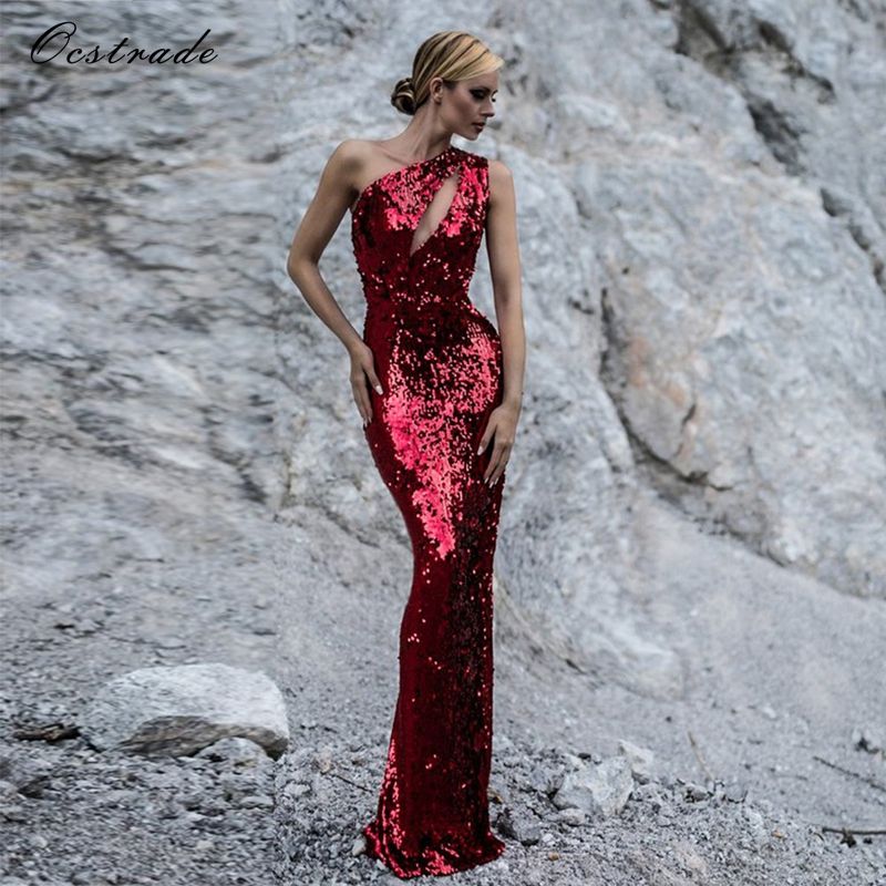 Monospalla Abito Lungo Elegante Rosso Elegante Abito Aderente Con