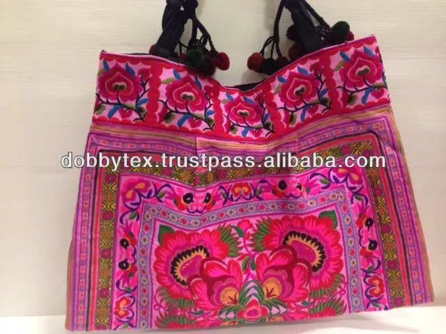 Sac tribal thaïlandais brodé Hmong, sac/médaillon rose