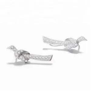 Delicate 925 Real Silver Climber Earring Knot Design Earrings CZ Pave for Women