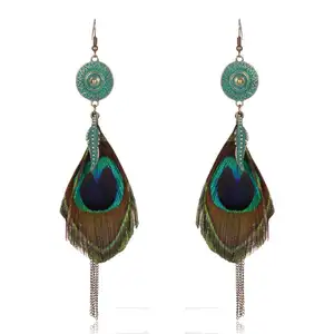 Khuyến Mãi Mới Quà Tặng Thời Trang Quốc Gió Dài Chuỗi Bông Tai Handmade Trendy Peacock Feather Earrings Đối Với Phụ Nữ Jewelry