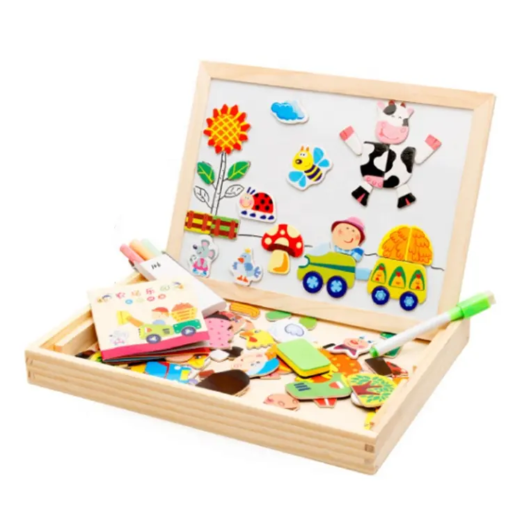 Happy Farm wooden magnetic jigsaw puzzle magnet mini double sides table drawing board for kids