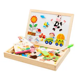 EN71 CPC Happy Farm wooden jigsaw puzzle magnet mini double sides table drawing Foldable erasable board toys for kids