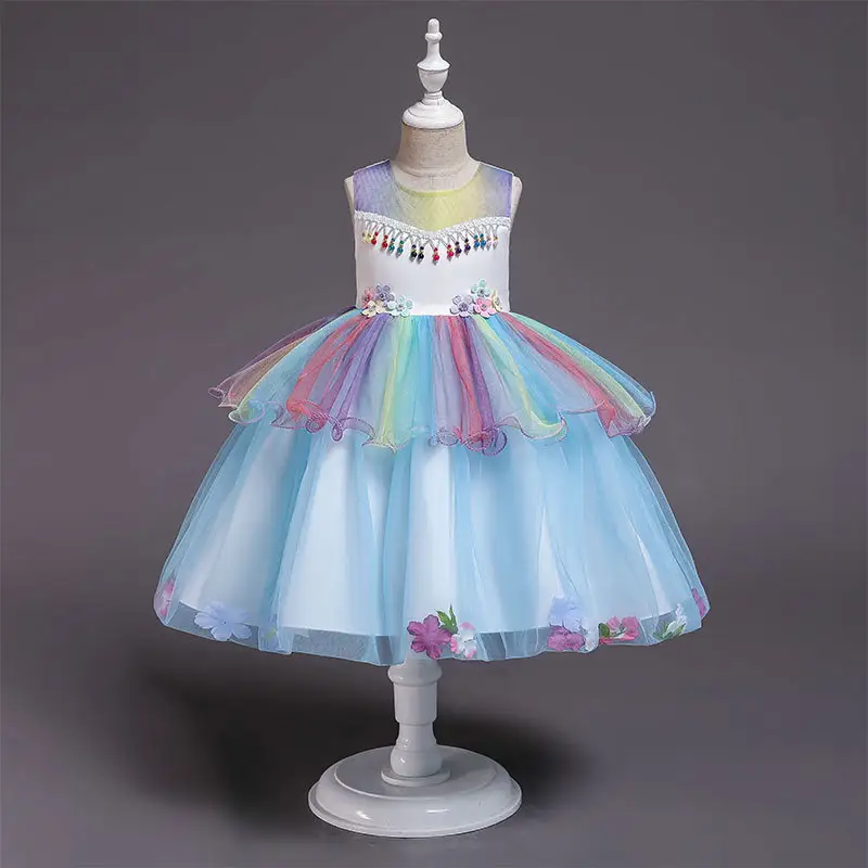 Summer Fashion Little Girl Rainbow Color Tulle Ruffle sleeveless Handwork Beads Flower Dress