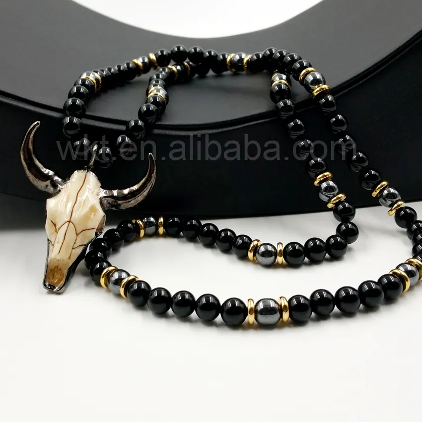 WT-N774 Newest Exclusive 8mm Black Bull Shaped Punk Agate And Cattle Head 32 Inch Long Beads Necklace
