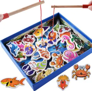 Children wooden puzzle parent-child interaction 32 magnetic fishing game toys