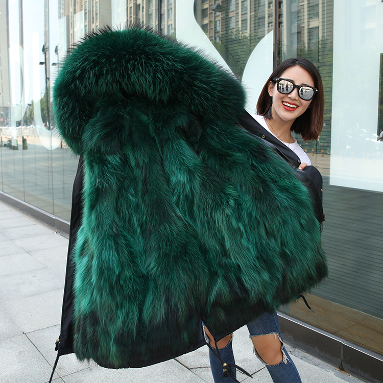 Commercio all'ingrosso Caldo di Inverno Reale Raccoon collo di Pelliccia Verde Parka Con Pelliccia Per Le Donne