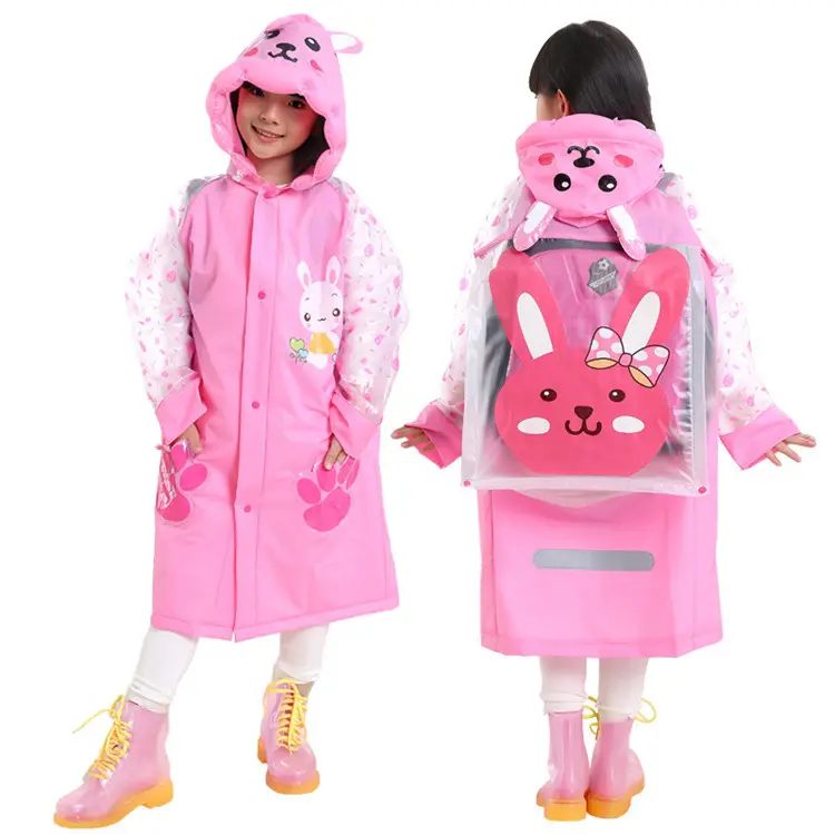 Casaco de chuva de segurança para caminhada, venda quente de casaco de desenho animado ecológico para passeios ao ar livre, capa de chuva para crianças com saco de escola