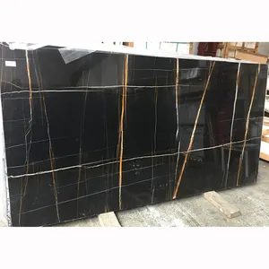Wholesale Tunisia Black Marble Tiles Polished Sahara Noir Marble Slabs With Golden and White Veins
