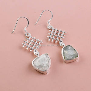 925 Sterling Silver Gemstone <b>Earrings</b>, Natural <b>Aquamarine</b> Rough Gemstone Jewelry, Unique Jewelry Supplier ,Fine Jewelry Suppler - Product Image 2