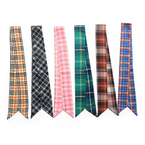 Hot selling Ribbon Plaid Printing Check Tie Bag Handle Decorate twill silk scarf with 11 colors
