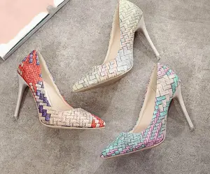 The new style fashion trend weave assorted colors elegant and graceful stiletto heel lady shoes