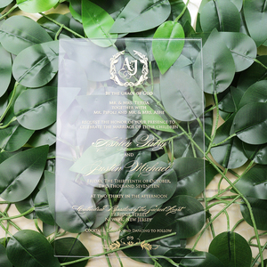 Dossier de cartes d'invitation de mariage en acrylique transparent fantaisie personnalisé unique feuille d'or avec enveloppe rigide en soie blanche pour mariage - Product Image 5