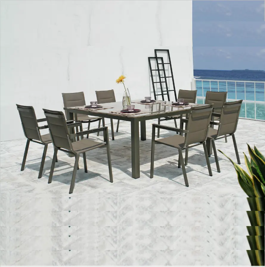 Sigma Hotel muebles de comedor de aluminio Juego de jardín 8 asientos piscina al aire libre juego de mesa de comedor patio balcón mesa y silla