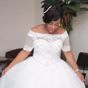 Abiti da Sposa in Pizzo e <span class=keywords><strong>Tulle</strong></span> Bianchi o Avorio con Mezze Maniche e Allacciatura Posteriore - Product Image 3