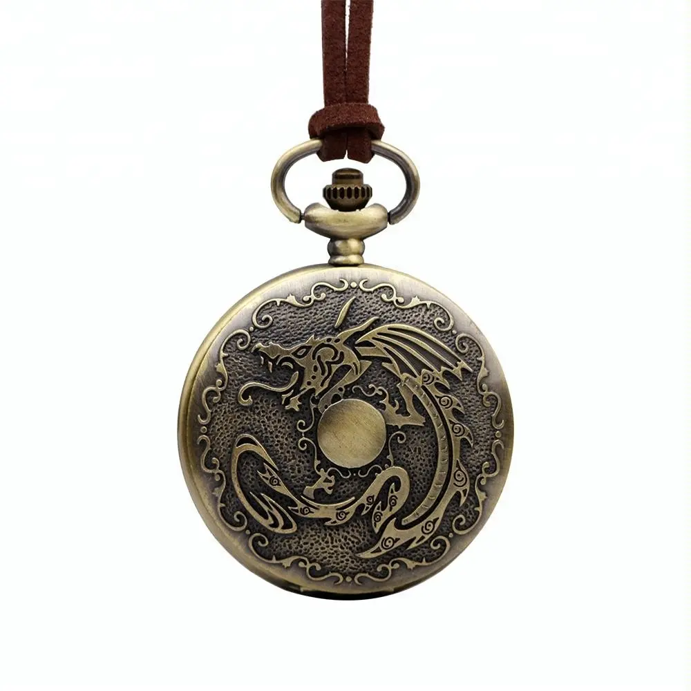 Mens Womens leather rope vintage chinese dragon engraved pendant pocket watch as gift