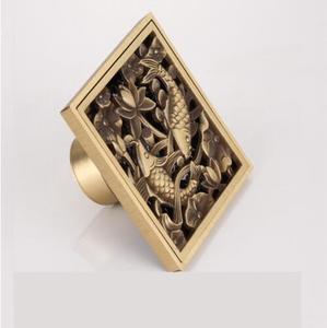 Antique Brass Creative Dual Fish Carved Grate Waste Strainer Square 10cm Bathroom Floor <strong>Drain</strong> <strong>Cover</strong> - Product Image 5