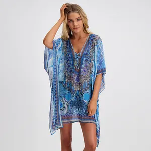 Wholesale custom women chiffon beachwear printed cover up kaftan