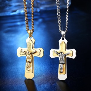 Collier pendentif <span class=keywords><strong>croix</strong></span> multi-couches en or Jésus-Christ <span class=keywords><strong>pour</strong></span> hommes Chaîne en acier inoxydable <span class=keywords><strong>pour</strong></span> hommes Cadeau de bijoux 60 cm - Product Image 3