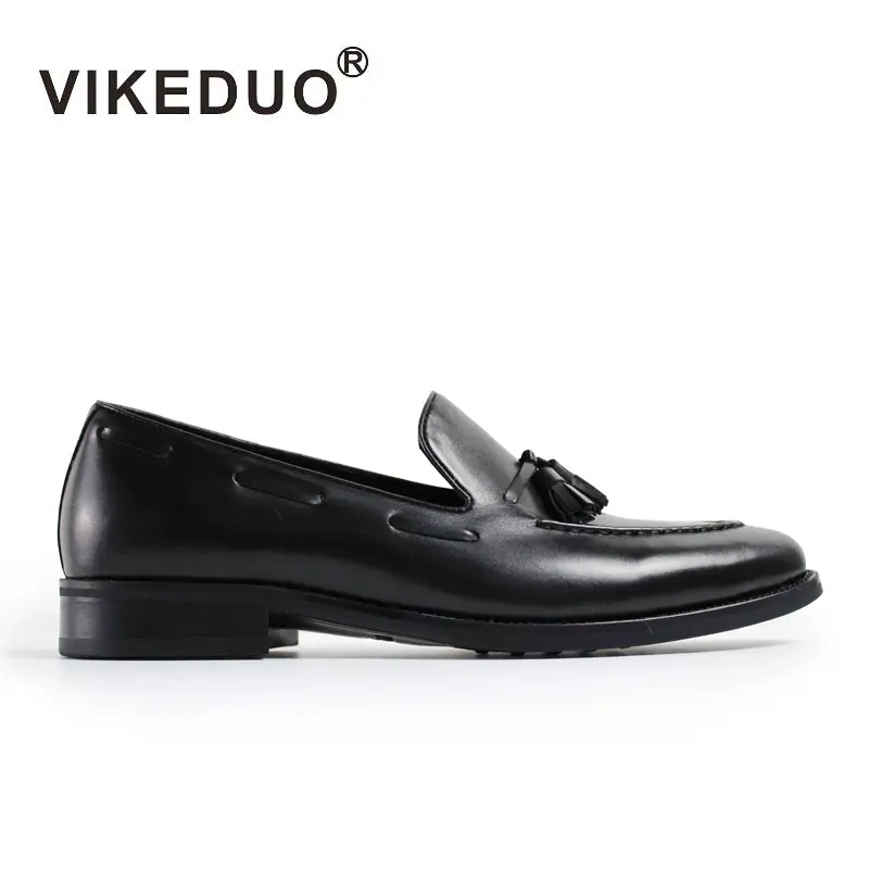 VIKEDUO Hand Made Fashion Black Men's Business Casual Leather Shoes Guangzhou Tassel Dress Shoe Loafers