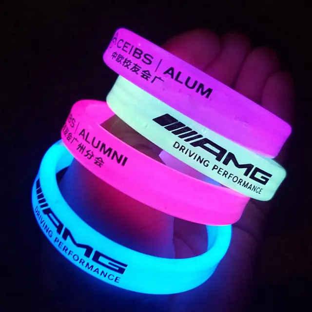 cheapest custom print debossed logo text color size glowing in the dark silicone bracelet