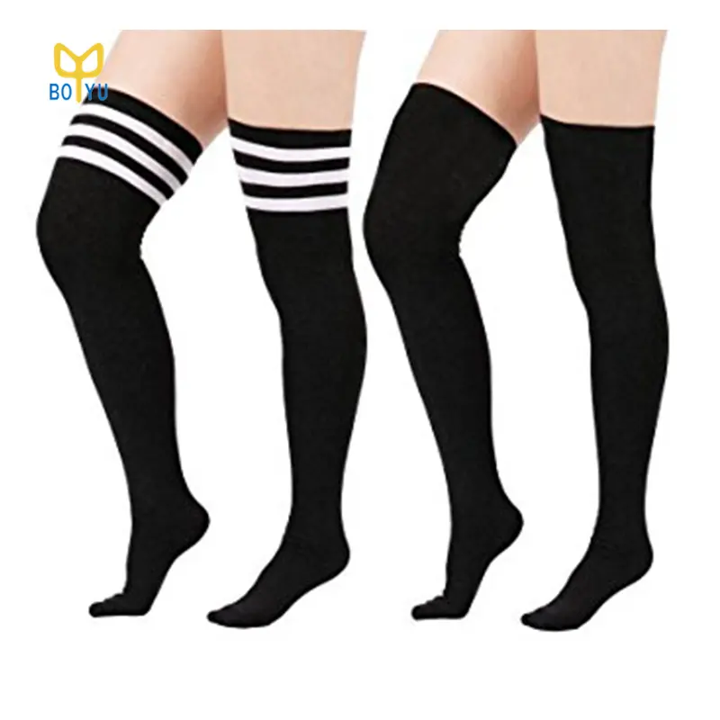BY-II-0983 women black color socks white stripe plus size socks over the knee socks