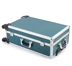 Customized Blue /Green Aluminum Rolling Trolley Suitcase Carrying Tool Case with Egg Foam and Cut Foam