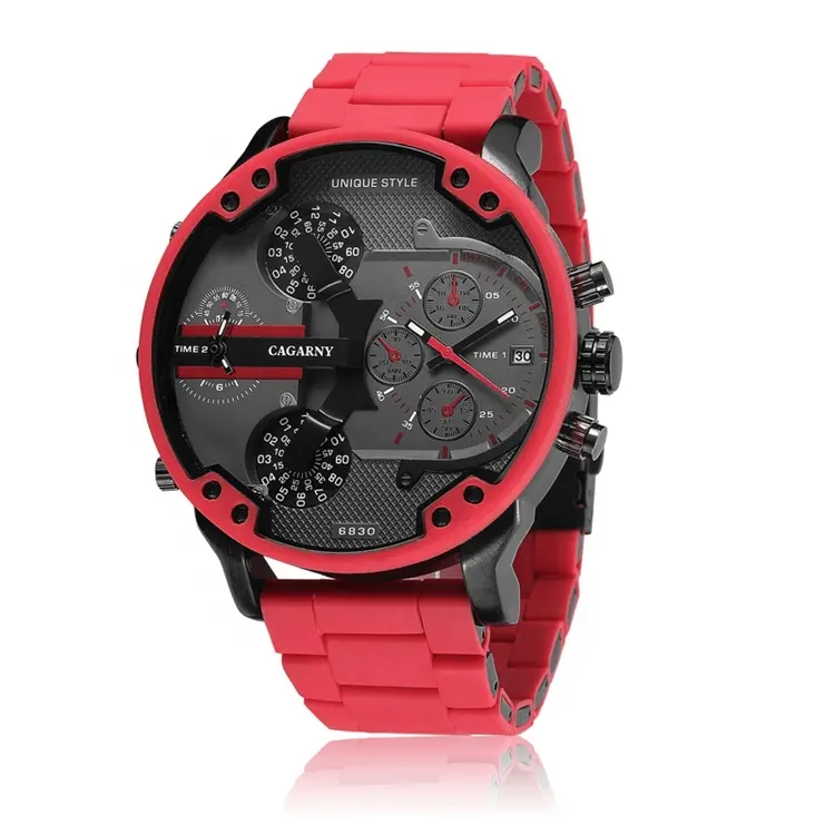 Luxury Cagarny 6830 Red Silicone Cool Mens Sports Wrist Watch Relogio