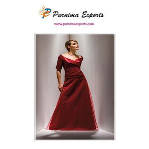 Elegant Red A-Line Floor-Length <b>Evening</b> Formal Half-Sleeve <b>Vintage</b> Poly Dupioni Satin <b>Dress</b> Organza Skirt Upper Mother Bride - Product Image 3