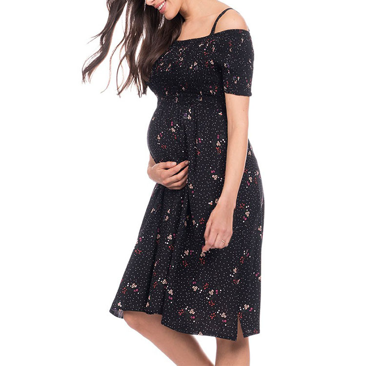 Factory Design Black Woven Off the Shoulder A Line Plus Size Floral Maternity Dress Wear With Detachable Spaghetti Straps