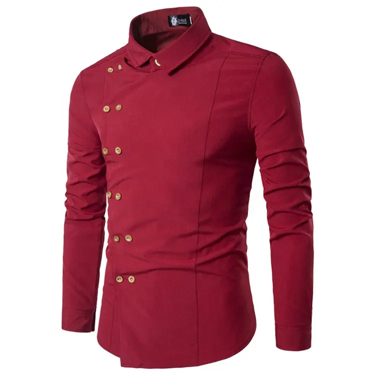 Winter Plain Red Double Breasted Fitness Button Up Shirt for Men