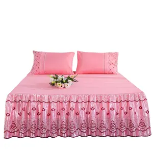 Luxury princess dreamy comfortable breathable lace edge design embroidery bed skirts three pieces