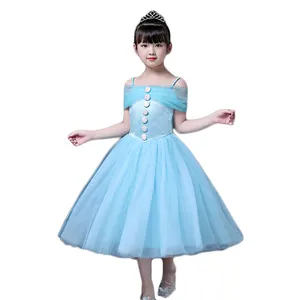 Latest dress long frocks designs split off shoulders cartoon show costume in light blue color for girls princess