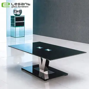 Mesa de centro de metal moderna de acero inoxidable con tapa de cristal